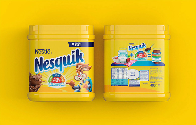 Nesquik速溶巧克力粉標(biāo)志，Nesquik速溶巧克力粉LOGO，Nesquik速溶巧克力粉品牌形象設(shè)計(jì)，雀巢品牌設(shè)計(jì)，巧克力品牌設(shè)計(jì)